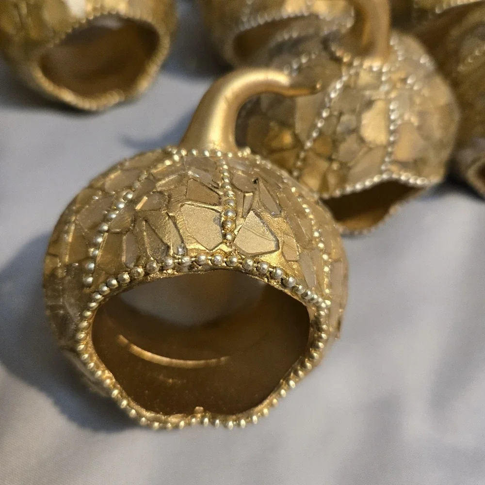 Set of 12 Gold Mosaic Pumpkin Napkin Rings Fall Thanksgiving Table Decor
